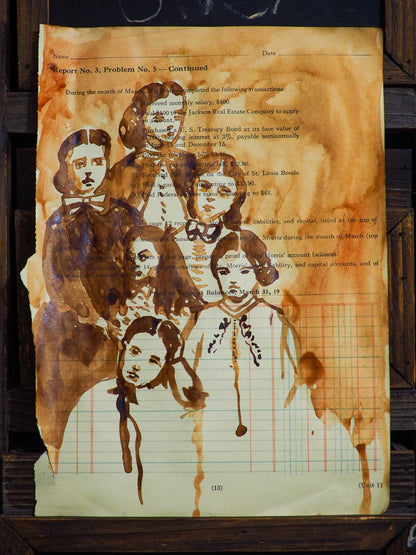 Original watercolor and ink mixed media folk art painting by Danita Art. Vintage Victorian  women and family painted over early 20th century ledger and accounting books paper. I took my watercolor paints and used family ties over time and ancestors to create a beautiful image that talks about strong family traditions.