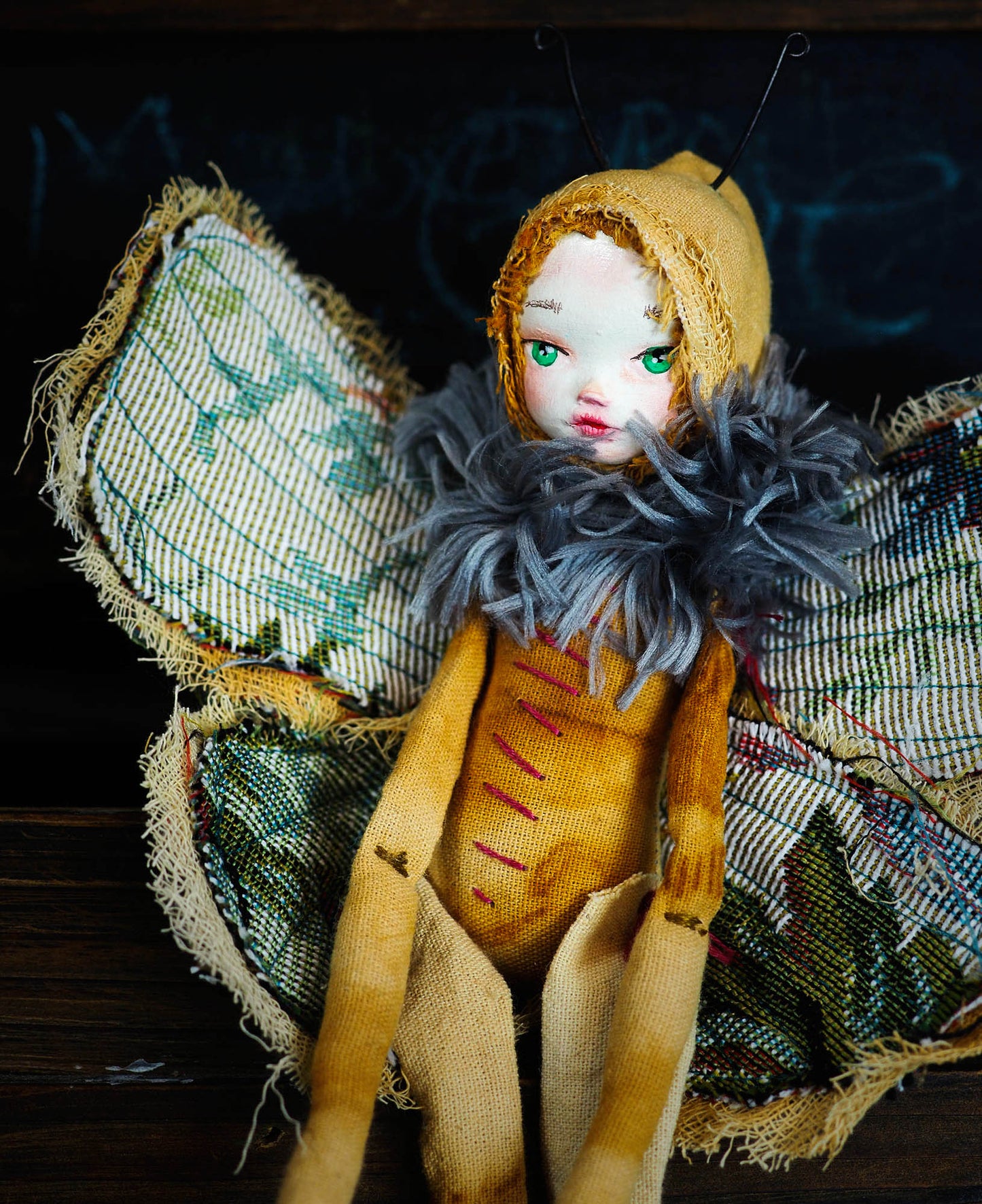 Inspired by nature, Danita created a handmade art doll moth, or night butterfly using organic materials like vintage and hand dyed fabric, wire and clay on a melancholic articulated soft sculpture. An art doll toy that celebrates nature's creations and the beautiful wings of insects with a bit of magic fairy on them.
