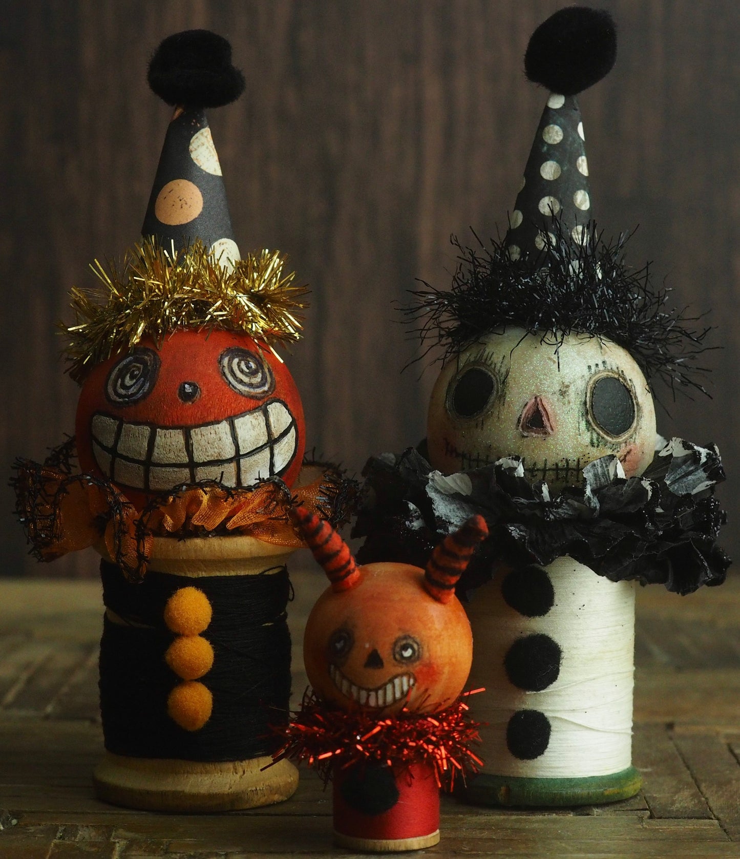 Dan, the happy go lucky jack-o-lantern pumpkin - Vintage thread spool kokeshi Halloween art doll by Danita, Miniature Dolls by Danita Art