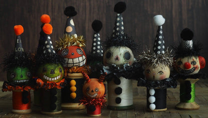 Frankenstein's monster - Vintage thread spool kokeshi Halloween art doll by Danita, Miniature Dolls by Danita Art