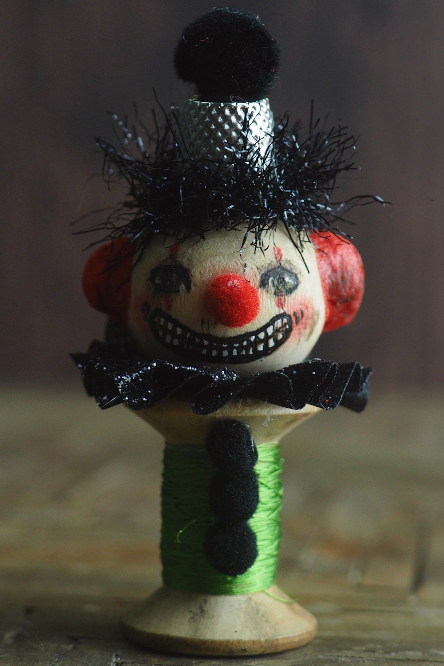 Danita clown pennywise IT evil vintage Halloween folk art original art doll kokeshi wooden spool thread figurine home decor decoration