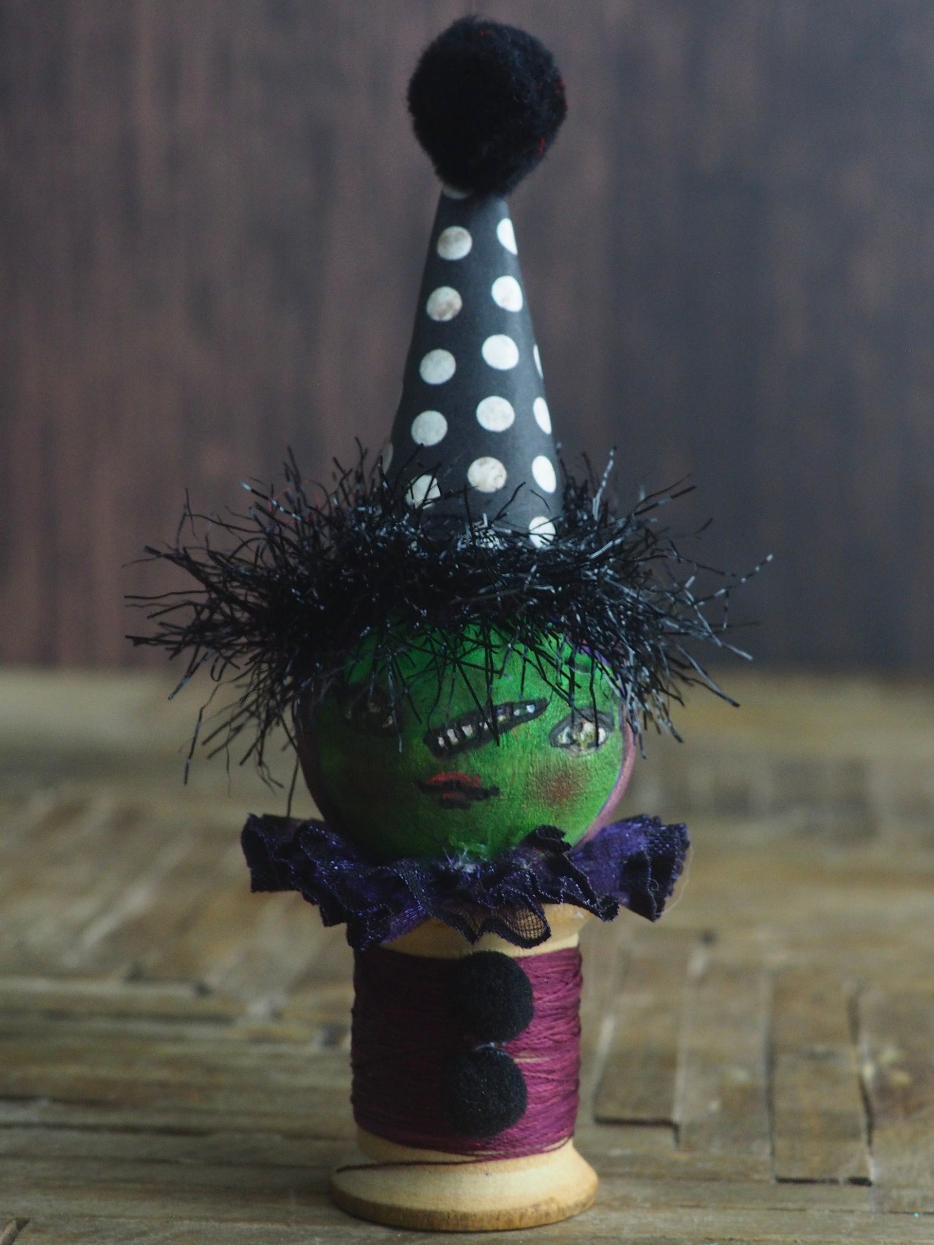 Danita clown wicked witch evil vintage Halloween folk art original art doll kokeshi wooden spool thread figurine home decor decoration