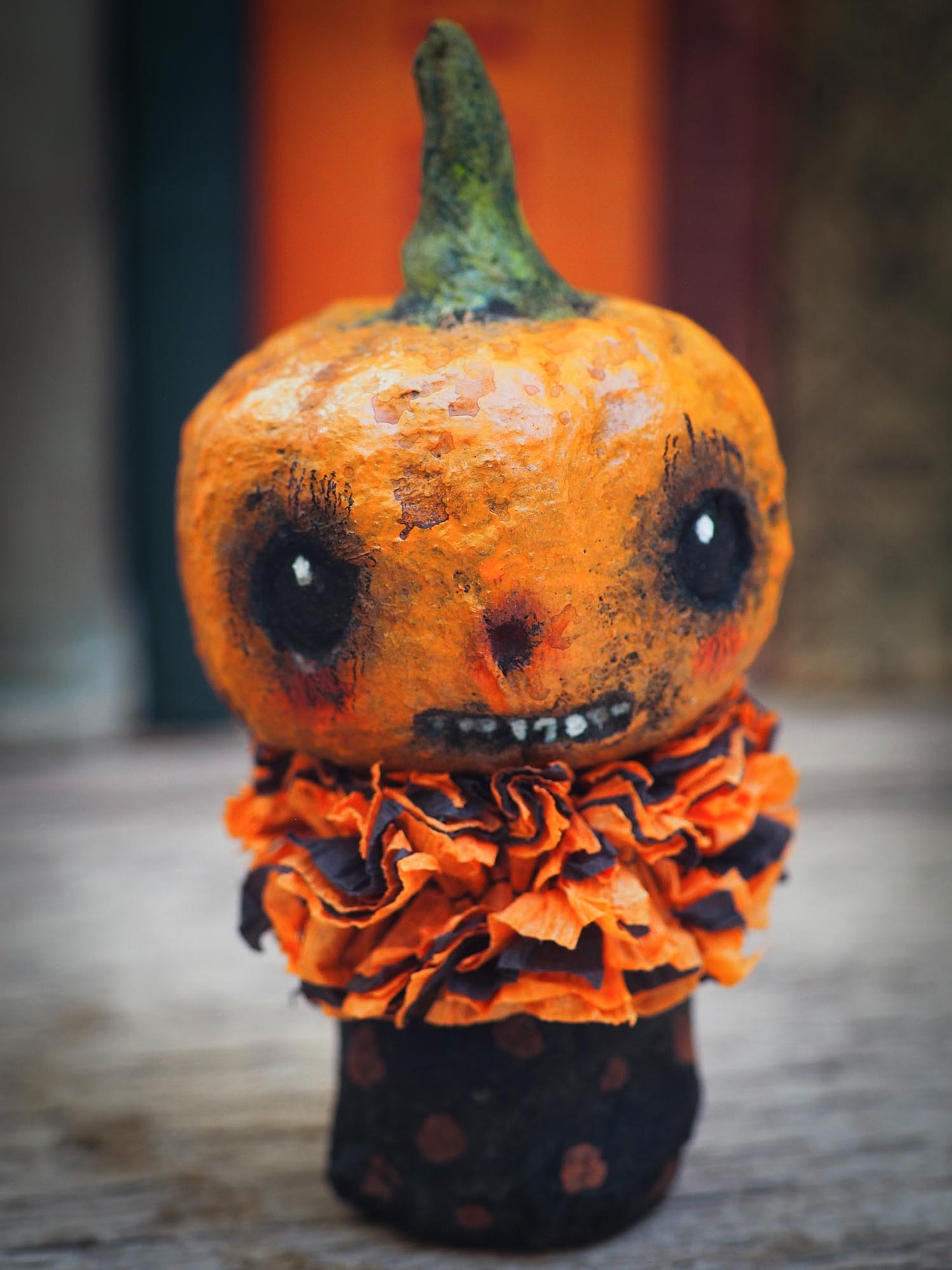 Original Danita Art Kokeshi Art doll for Halloween. An orange pumpkin made with organic 100% natural spun cotton, hand sculpted and painted by Danita. This hand made doll is perfect for Halloween decorations!