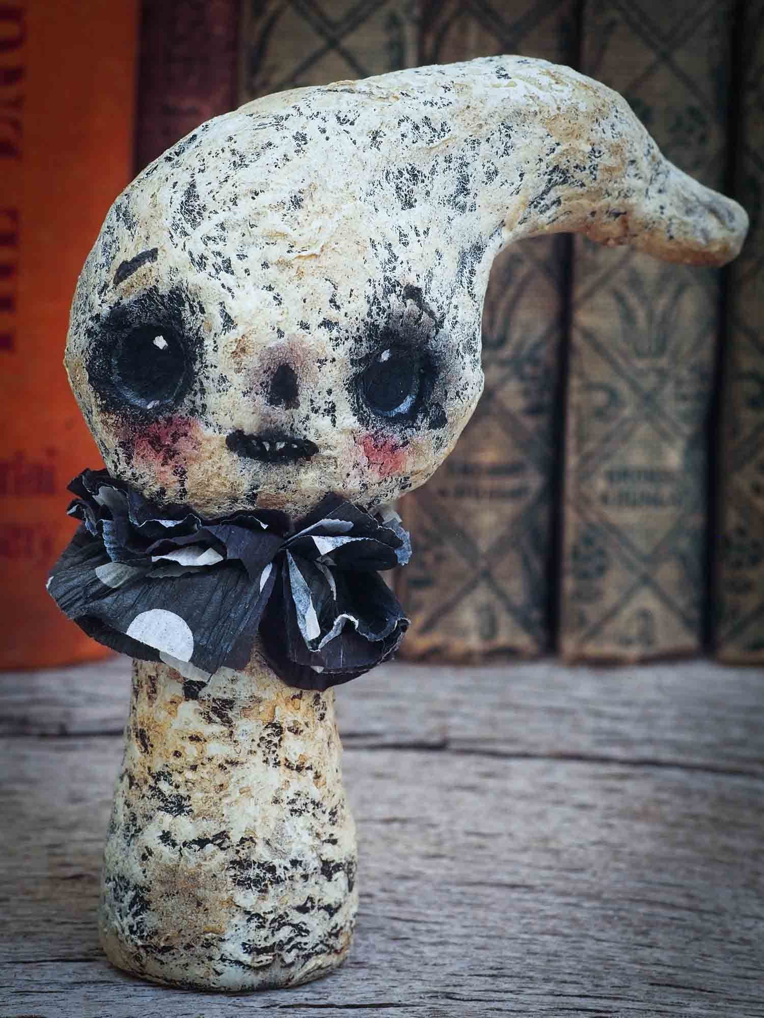 A super cute ghost ghoul Halloween mini figurine by Danita. This folk art and crafts mini art doll is kawaii kokeshi in style, handmade for Halloween home decor decorations by Danita Art.