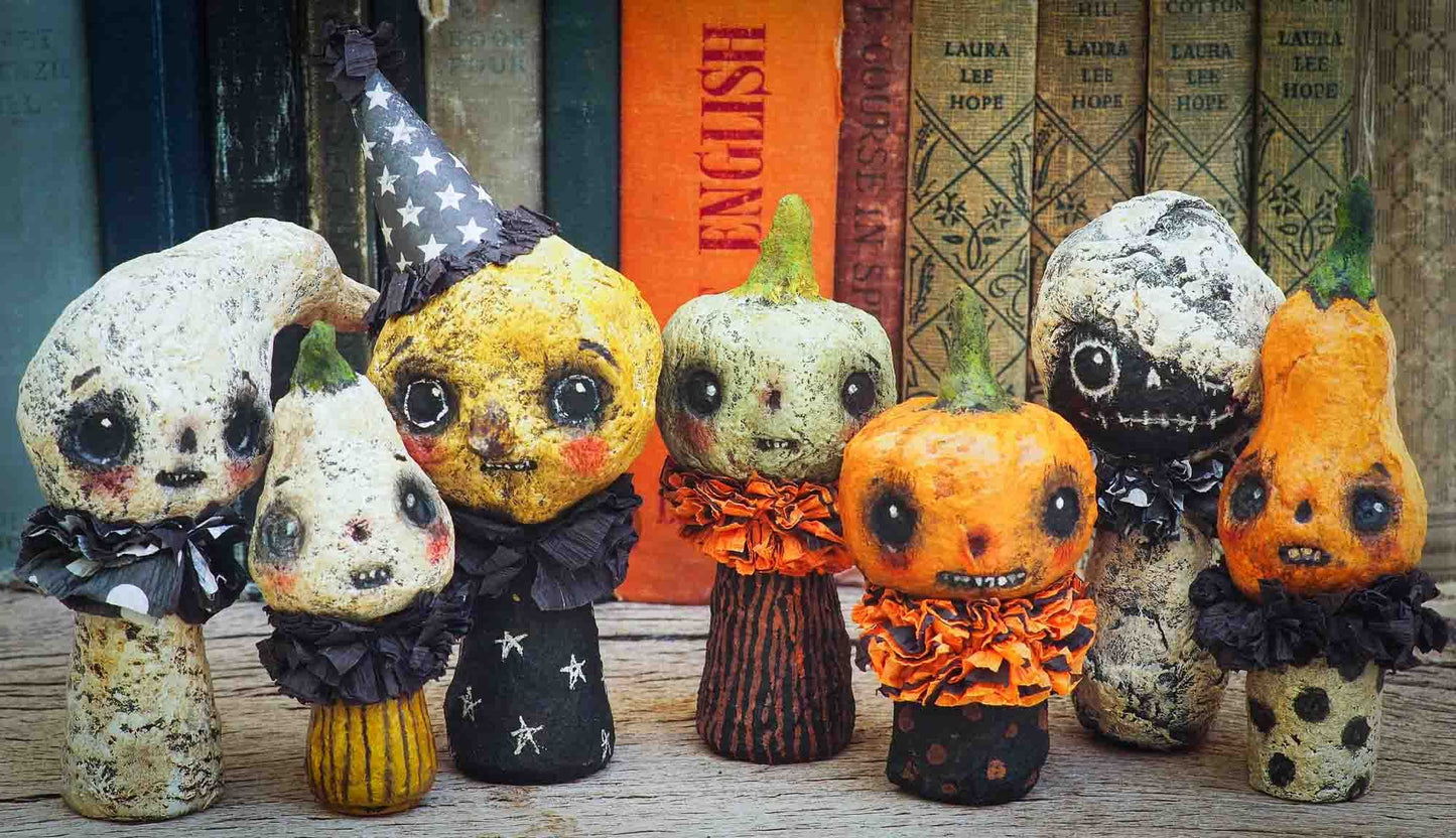 Kokeshi kawaii mini dolls Halloween by Danita Art. Ghosts, Wizards, Witches, Warlocks, Ghouls, pumpkins and jack-o-lanterns created by Danita Art for your Halloween Home decor decorations in handmade crafts art style.