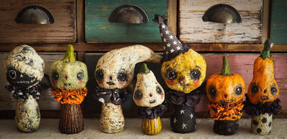 Kokeshi kawaii mini dolls Halloween by Danita Art. Ghosts, Wizards, Witches, Warlocks, Ghouls, pumpkins and jack-o-lanterns created by Danita Art for your Halloween Home decor decorations in handmade crafts art style.