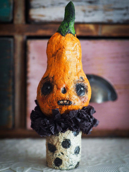 Original Danita Art Kokeshi Art doll for Halloween. An orange pumpkin made with organic 100% natural spun cotton, hand sculpted and painted by Danita. This hand made doll is perfect for Halloween decorations!