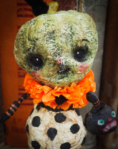 Jack-O-Lantern pumpkin ornament Halloween decoration. Danita art original handmade art doll pumpkin made with spun cotton from collection of witches, ghosts, skeletons, jack-o-lantern, pumpkin, vampire, ghouls and other whimsical folk art style home decor.