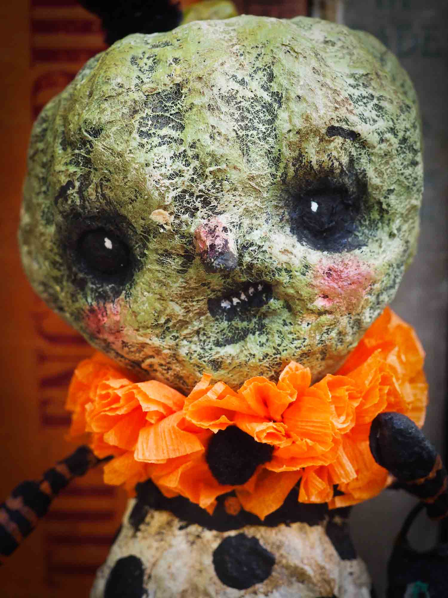 Jack-O-Lantern pumpkin ornament Halloween decoration. Danita art original handmade art doll pumpkin made with spun cotton from collection of witches, ghosts, skeletons, jack-o-lantern, pumpkin, vampire, ghouls and other whimsical folk art style home decor.