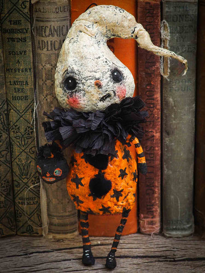 ghost ghoul spirit ornament Halloween decoration. Danita art original handmade art doll ghost made with spun cotton from collection of witches, ghosts, skeletons, jack-o-lantern, pumpkin, vampire, ghouls and other whimsical folk art style home decor.