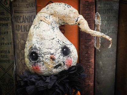 ghost ghoul spirit ornament Halloween decoration. Danita art original handmade art doll ghost made with spun cotton from collection of witches, ghosts, skeletons, jack-o-lantern, pumpkin, vampire, ghouls and other whimsical folk art style home decor.