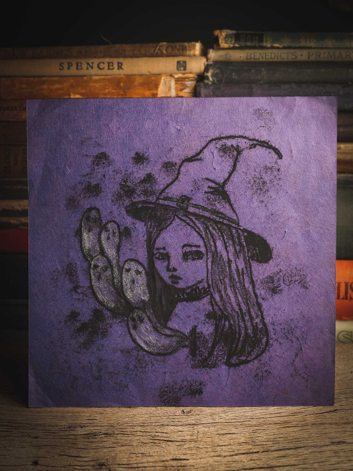 An original ink monoprint by Idania Salcido (Danita Art), this painting measures 7 x 7 inches on a very special purple toned paper. What better way to celebrate Halloween than with Witches? I loved this inked monoprint! She is traveling with her ghosts, ready for an amazing night of trick-or-treat.