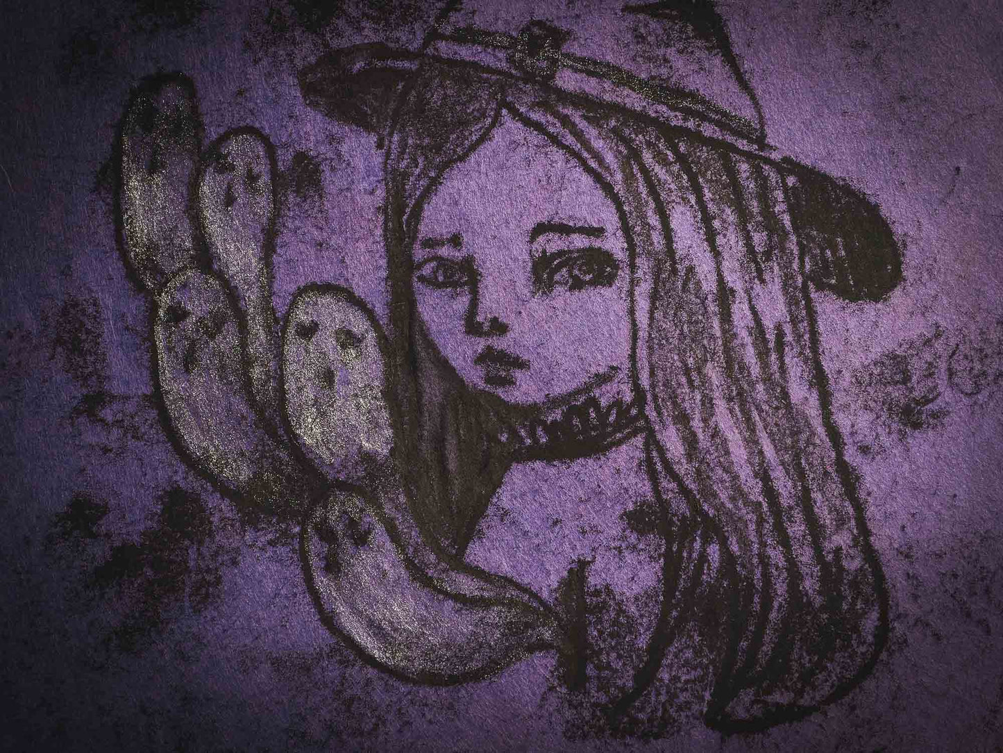 An original ink monoprint by Idania Salcido (Danita Art), this painting measures 7 x 7 inches on a very special purple toned paper. What better way to celebrate Halloween than with Witches? I loved this inked monoprint! She is traveling with her ghosts, ready for an amazing night of trick-or-treat.