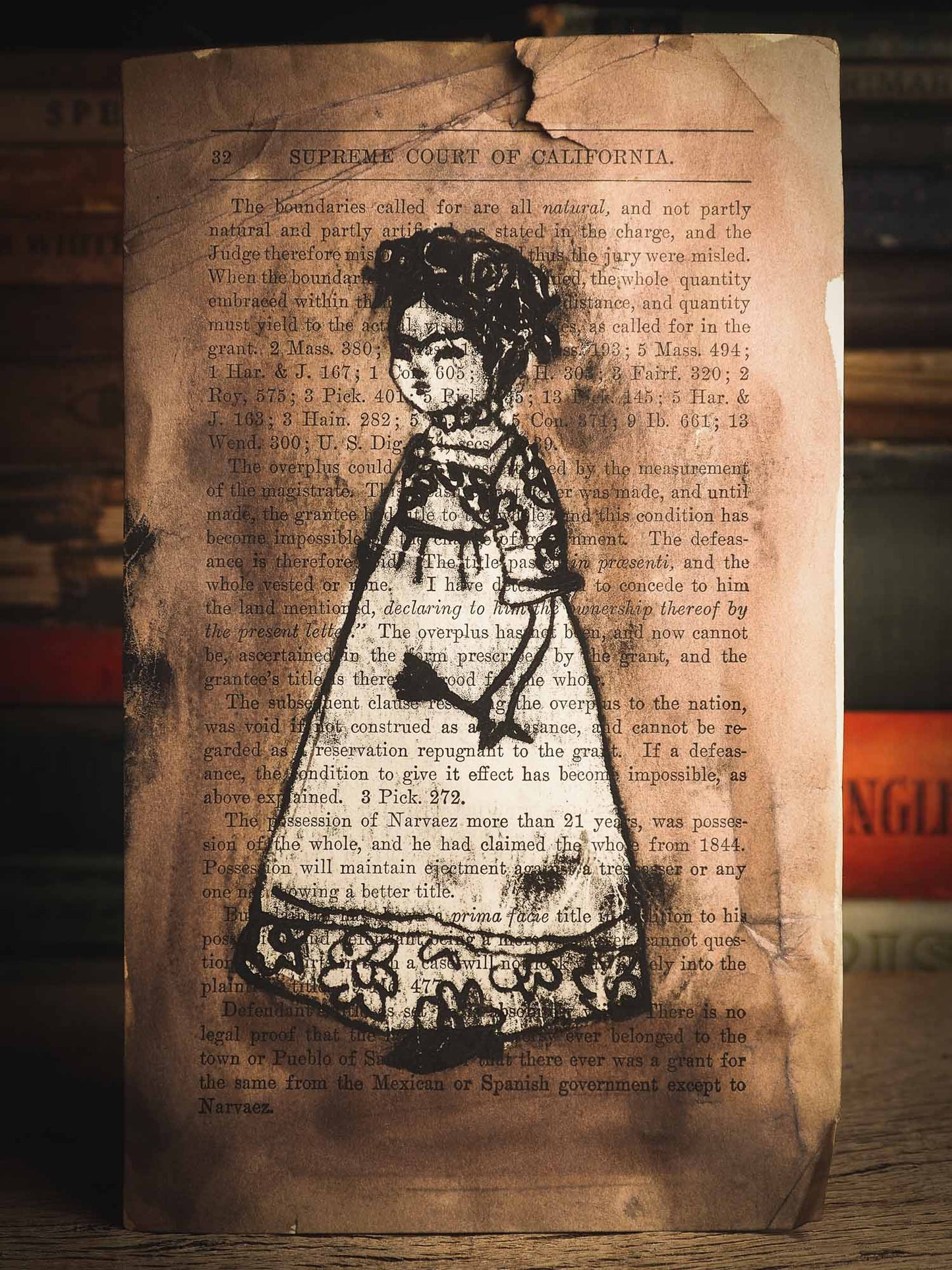 I painted Frida using a page from a vintage book I found from my collection, I love the mixing of letters and drawing, as it gives it a very special vintage feel. An original ink monoprint by Idania Salcido (Danita Art), this painting measures 9 x 5 inches on a very special vintage paper.