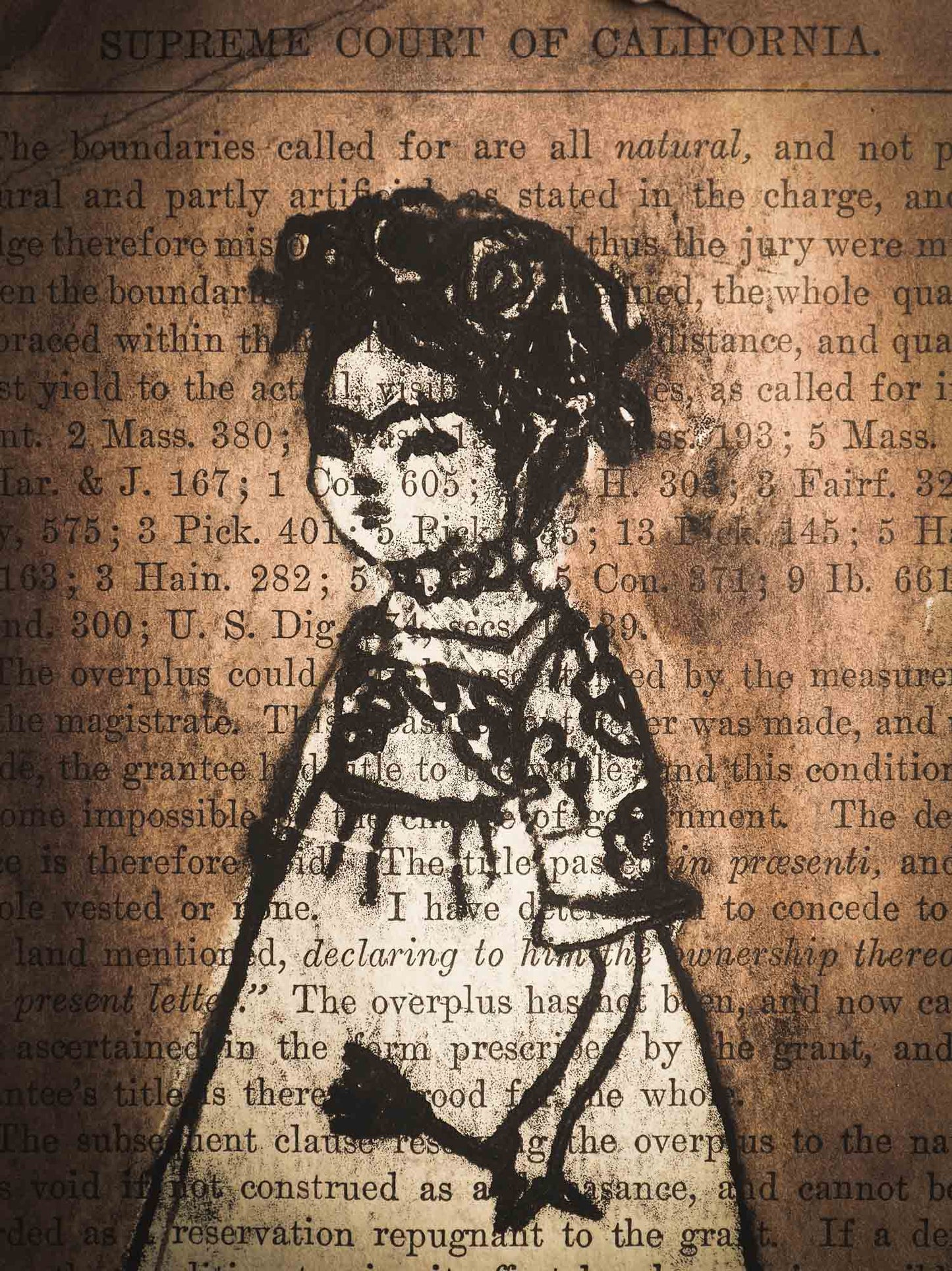 I painted Frida using a page from a vintage book I found from my collection, I love the mixing of letters and drawing, as it gives it a very special vintage feel. An original ink monoprint by Idania Salcido (Danita Art), this painting measures 9 x 5 inches on a very special vintage paper.