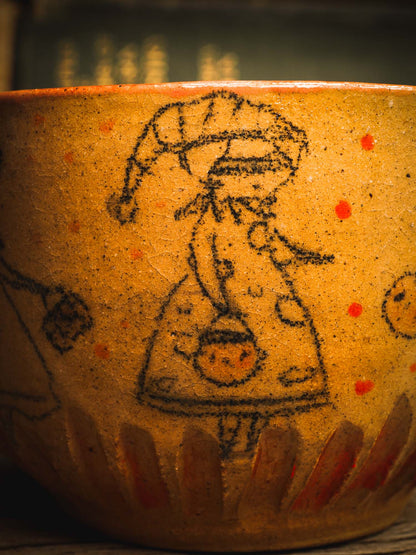 Remember when Idania Salcido (Danita Art) used to paint parades for each holiday? Now I'm making my first ceramic parade!  Seven witches are parading on this handmade ceramic bowl, asking for treats as the go door by door in their neighborhood on the Halloween tradition of putting on costumes and going trick-or-treat. Don't you love it?