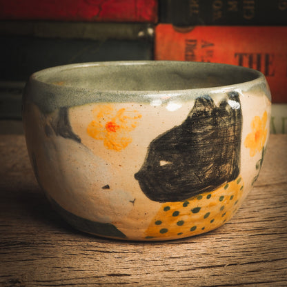 An original ceramic coffee and tea mug by Idania Salcido, the artist behind Danita Art. It measures 4 x 4 x 2.5 Inches, totally handmade in my studio. Food and drink safe, hand wash only. My cat Loki inspired me to paint this beautiful bowl. He has a white friend that lives outside my property and he comes to visit every day, they look at each other and like to play.