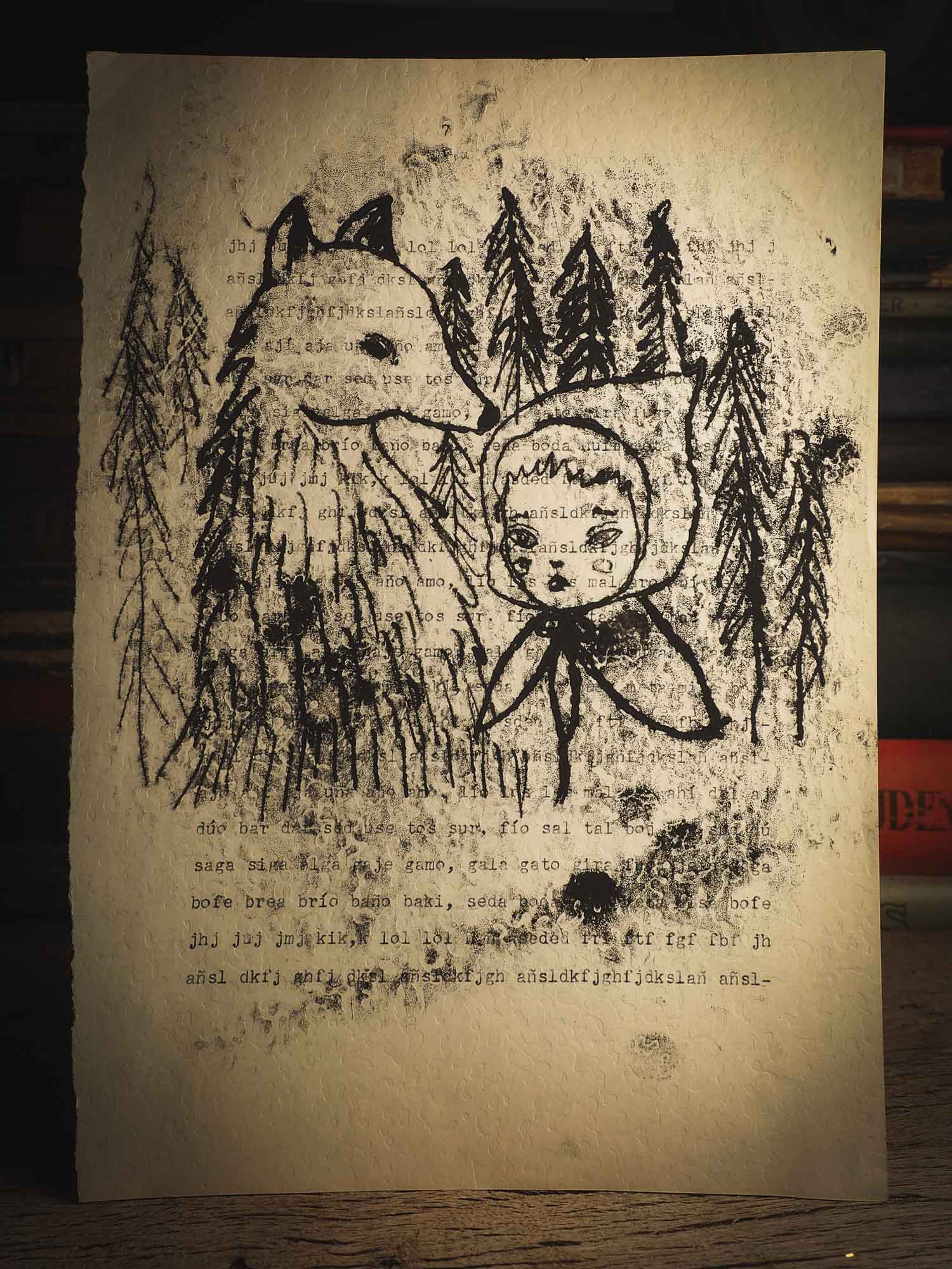 An original ink monoprint by Idania Salcido (Danita Art), this painting measures 7 x 11 inches on a fancy paper with mechanography exercises, dated from early 20th century. In my world, Little Red Riding Hood and The Wolf are friends and companions that play in the deep forest, where no one can bother them. No hunters, No annoying chores, just pure fun in nature.
