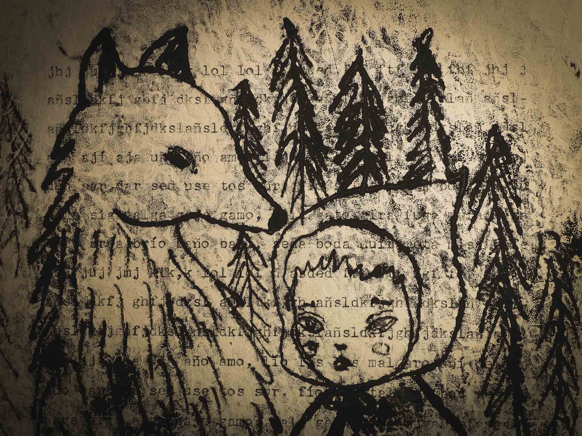 An original ink monoprint by Idania Salcido (Danita Art), this painting measures 7 x 11 inches on a fancy paper with mechanography exercises, dated from early 20th century. In my world, Little Red Riding Hood and The Wolf are friends and companions that play in the deep forest, where no one can bother them. No hunters, No annoying chores, just pure fun in nature.