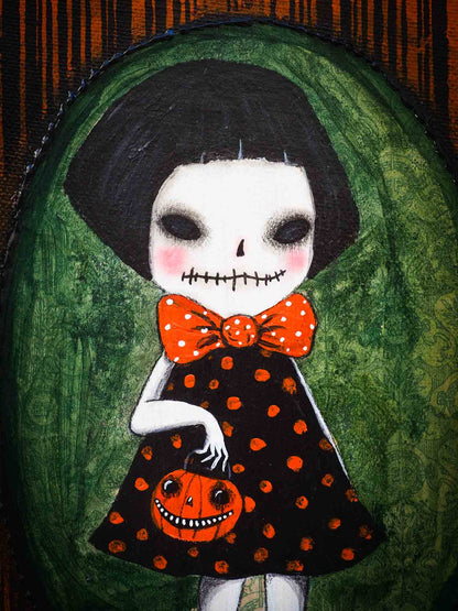 This whimsical zombie girl is an original Halloween painting by Danita Art. She is getting ready to go out trick-or-treat with her friends the wolves, the vampires, the witches, the ghouls and the ghosts.  Painted on canvas, even when she is a pale skinned zombie girl, she keeps the whimsical Danita eyes that you love so much.