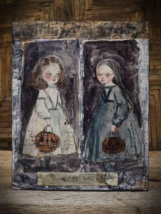 This is an original Halloween painting by Danita. Hallow and Ween are twin sisters apart as day and night. Born on October 31, one has dar hair, the other blonde. One dresses in white, the other in black. But they love each other. Painted using mixed media collage techniques, combining ink, acrylic paint, watercolor, gouache and more. This beautiful painting will be the center of your home decoration this Halloween Night.