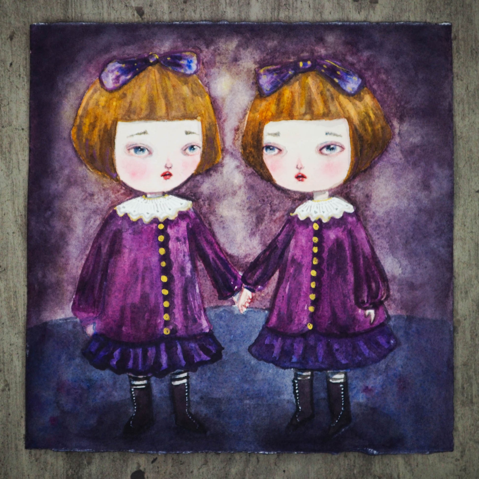 Danita Watercolor Original Painting Halloween Creepy Twins Sisters Redrum Illustration