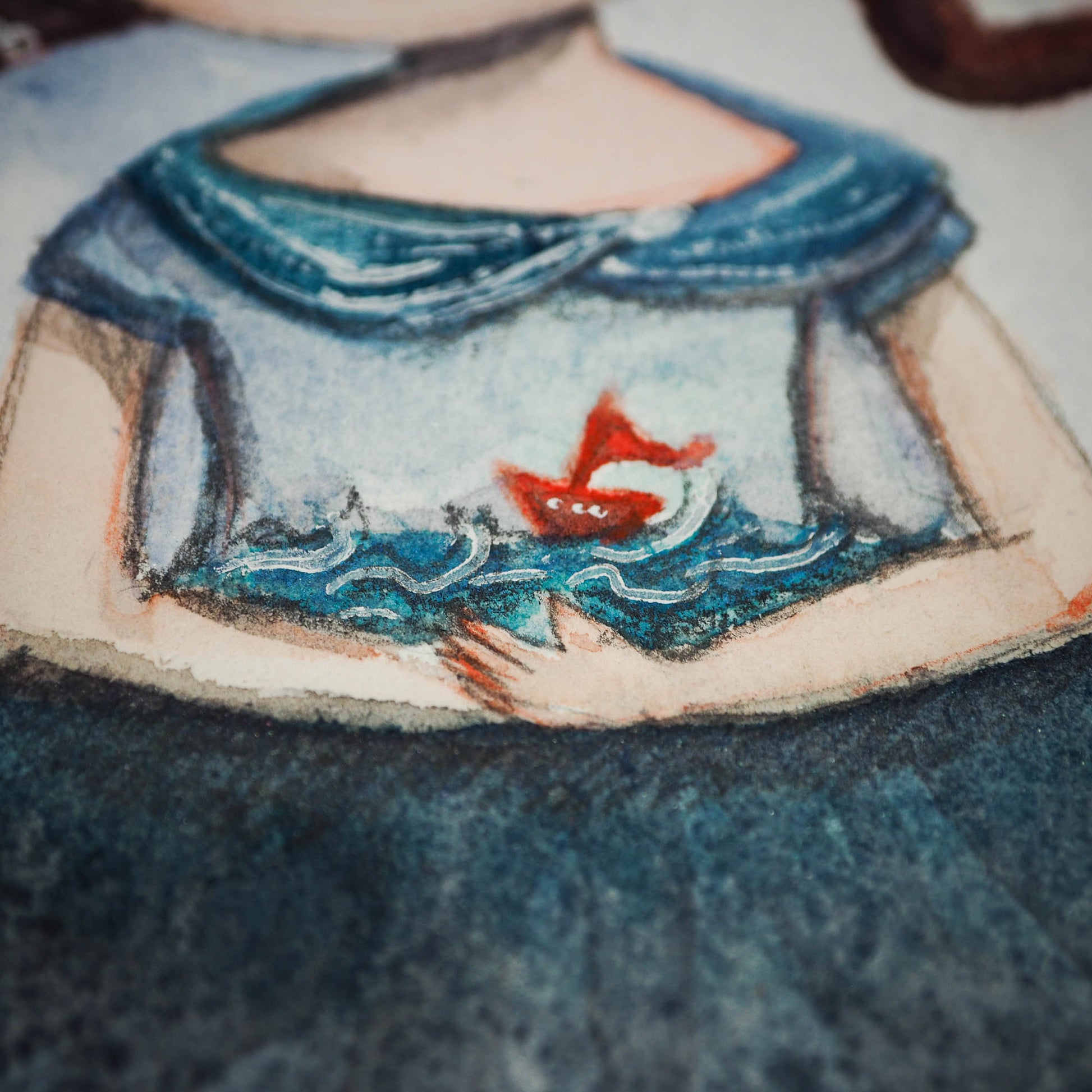 Danita original sailboat watercolor ocean painting whimsical surreal surrealist illustration girl sorrow
