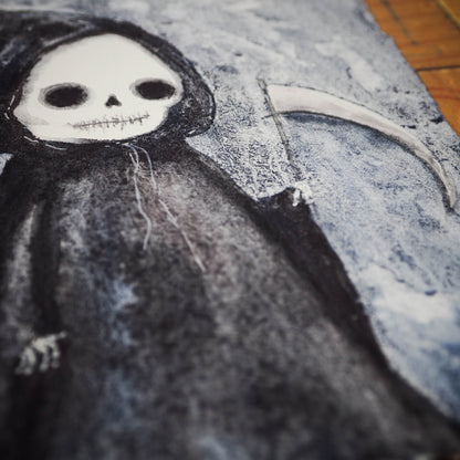 The grim reaper looks cute and friendly on this original watercolor Halloween illustration by Danita Art