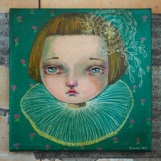 Original mixed media painting artwork by Danita. Surreal pop mixed with folk art green eyed girl on teal background portrait. Great home decor with a vintage shabby, worn out and whimsical folk art look.
