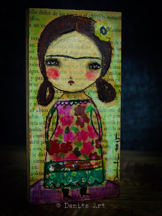 Frida in a Pink Dress, Original Art by Danita Art