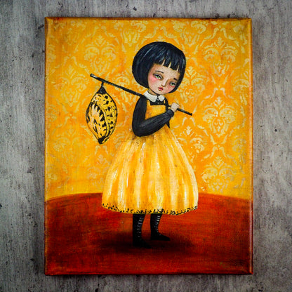 Yellow butterfly girl carries chrysalis on painting by Danita. Surrealist image of girl with Folk Art primitive influences.