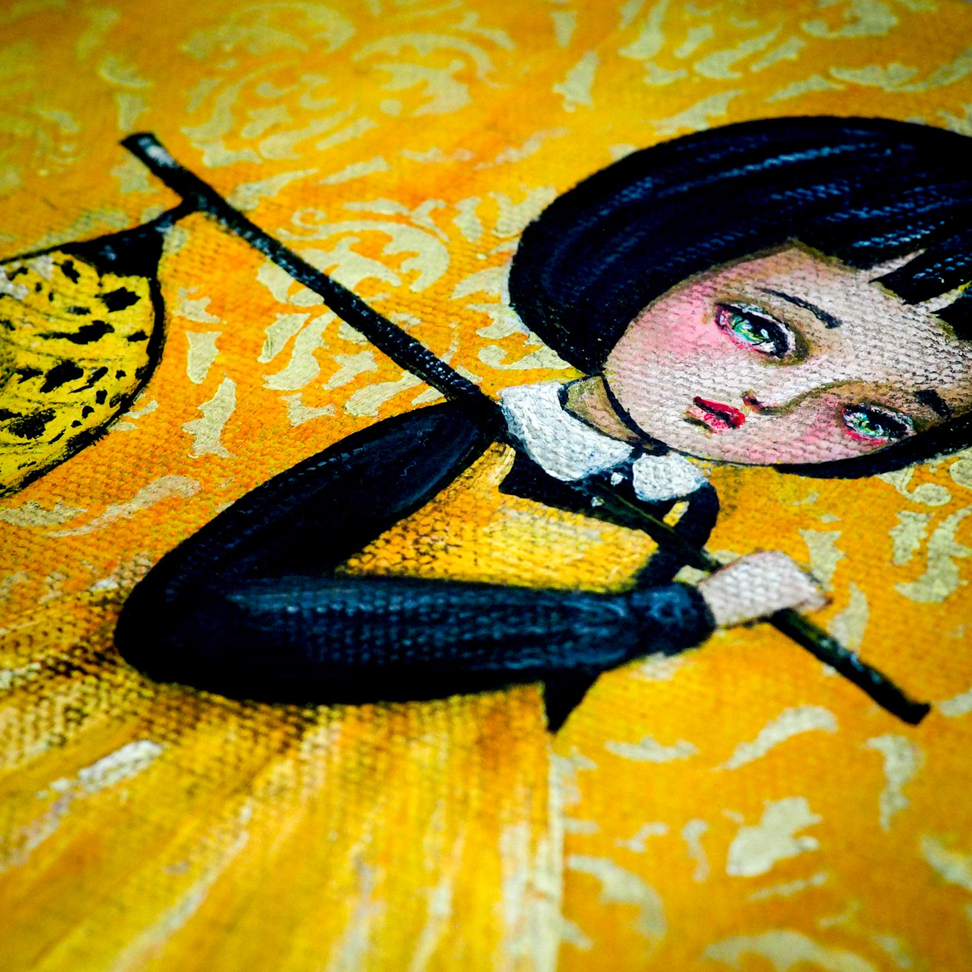 Yellow butterfly girl carries chrysalis on painting by Danita. Surrealist image of girl with Folk Art primitive influences.