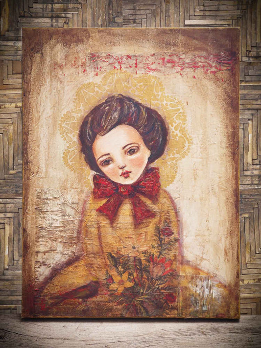 18 x 24 Inches Acrylic, Pencil, Pastel, Oil and Paper Collage original painting created by amazing mixed media artist Danita Art. A serene female woman portrait lives on a wood panel, peaceful looking at her beautiful red finch and her paper flowers. She has a beautiful vintage look and aged patina that has made Danita well known.