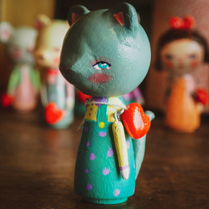 NEKO - An original handmade wooden kokeshi art doll by Danita, Miniature Dolls by Danita Art