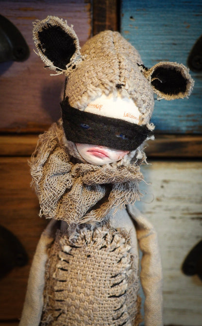 THE RACOON - An original handmade doll by Danita Art, made with original patterns, organic fabric dyed using only natural ingredients like avocado peels, walnuts and marigolds. Each mini art doll in this toy collection is a mini work of huggable fabric art to be treasured by any collector of Danita's melancholic and fantastic work.