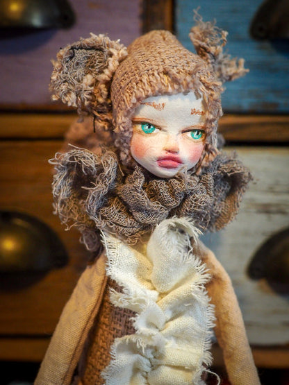 THE SQUIRREL - An original handmade doll by Danita Art, made with original patterns, organic fabric dyed using only natural ingredients like avocado peels, walnuts and marigolds. Each mini art doll in this toy collection is a mini work of huggable fabric art to be treasured by any collector of Danita's melancholic and fantastic work.