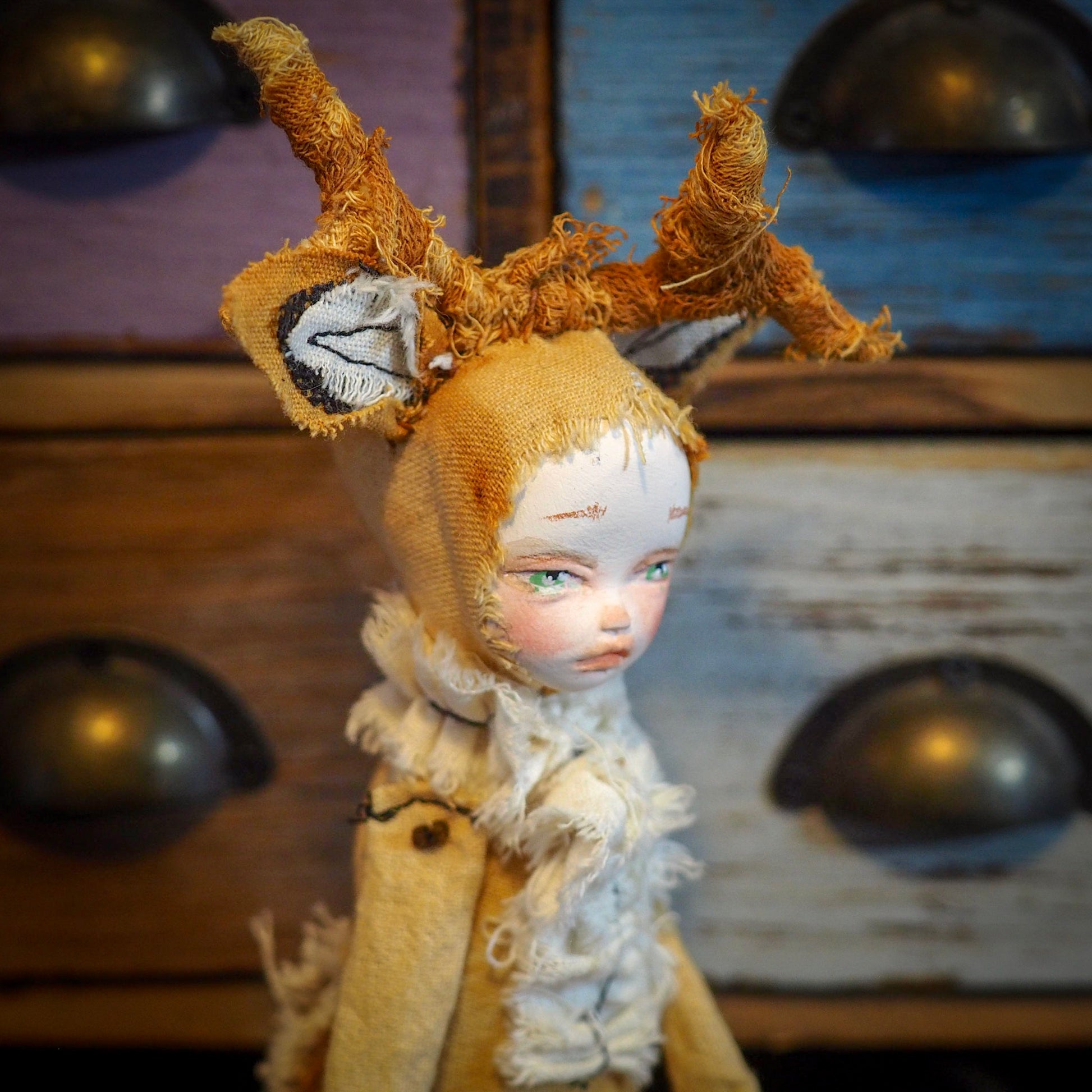 THE DEER - An original handmade doll by Danita Art, made with original patterns, organic fabric dyed using only natural ingredients like avocado peels, walnuts and marigolds. Each mini art doll in this toy collection is a mini work of huggable fabric art to be treasured by any collector of Danita's melancholic and fantastic work.