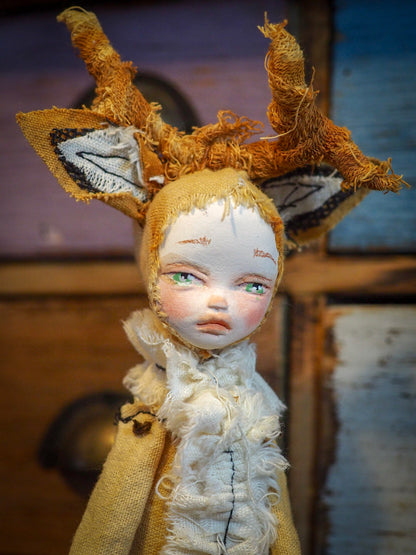 THE DEER - An original handmade doll by Danita Art, made with original patterns, organic fabric dyed using only natural ingredients like avocado peels, walnuts and marigolds. Each mini art doll in this toy collection is a mini work of huggable fabric art to be treasured by any collector of Danita's melancholic and fantastic work.