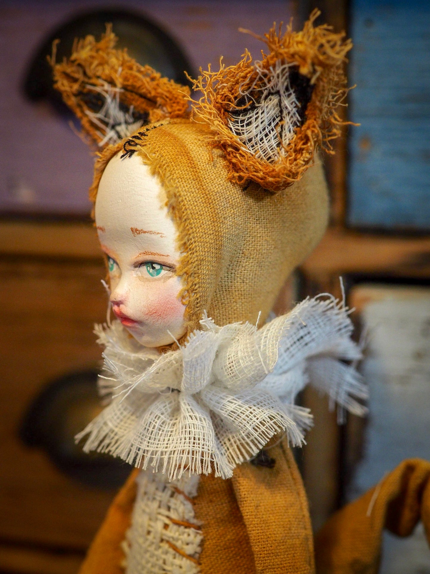 THE FOX - An original handmade doll by Danita Art, made with original patterns, organic fabric dyed using only natural ingredients like avocado peels, walnuts and marigolds. Each mini art doll in this toy collection is a mini work of huggable fabric art to be treasured by any collector of Danita's melancholic and fantastic work.