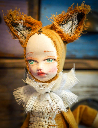 THE FOX - An original handmade doll by Danita Art, made with original patterns, organic fabric dyed using only natural ingredients like avocado peels, walnuts and marigolds. Each mini art doll in this toy collection is a mini work of huggable fabric art to be treasured by any collector of Danita's melancholic and fantastic work.