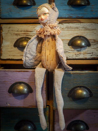 THE OWL - An original handmade doll by Danita Art, made with original patterns, organic fabric dyed using only natural ingredients like avocado peels, walnuts and marigolds. Each mini art doll in this toy collection is a mini work of huggable fabric art to be treasured by any collector of Danita's melancholic and fantastic work.