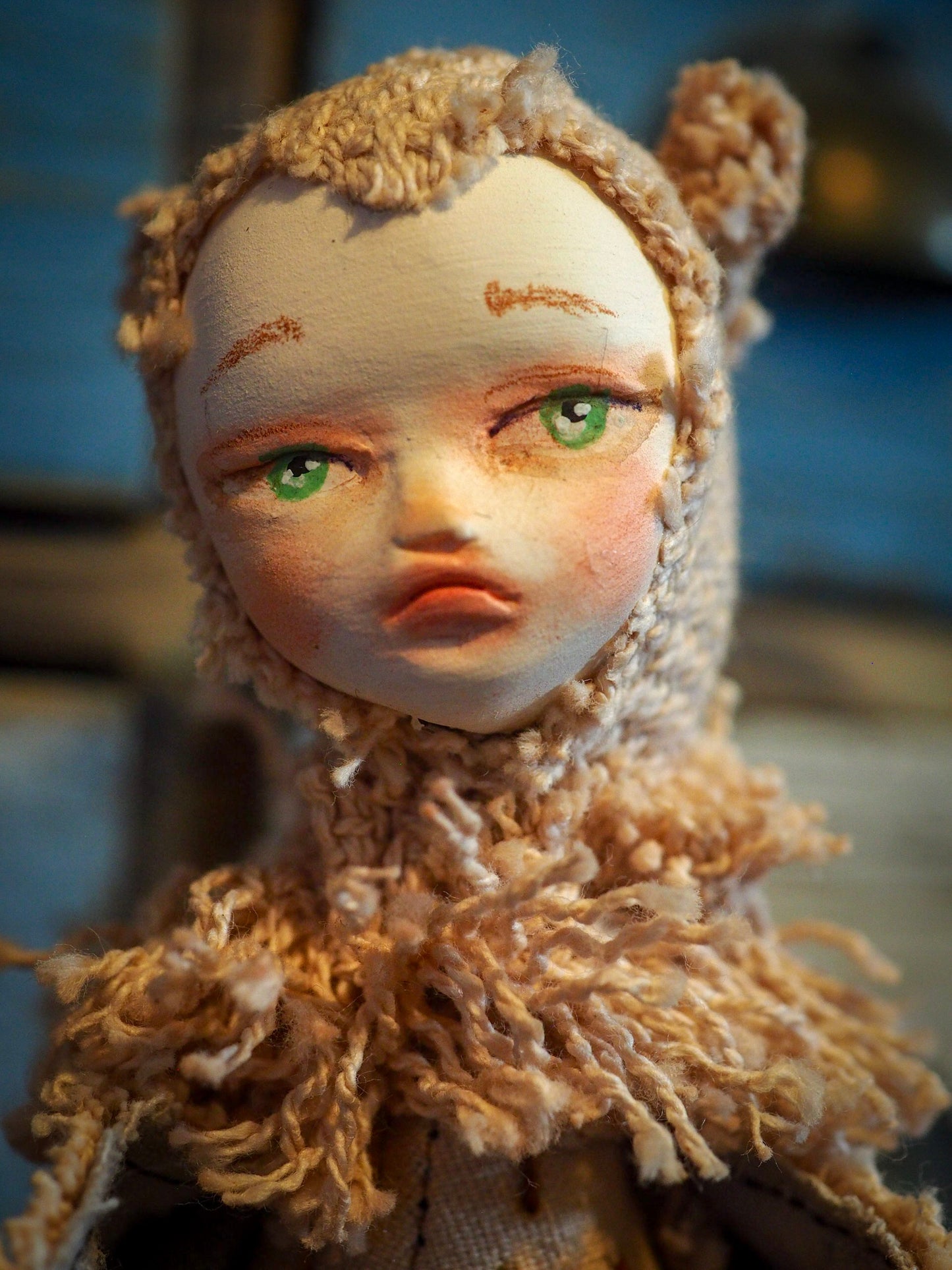 THE OWL - An original handmade doll by Danita Art, made with original patterns, organic fabric dyed using only natural ingredients like avocado peels, walnuts and marigolds. Each mini art doll in this toy collection is a mini work of huggable fabric art to be treasured by any collector of Danita's melancholic and fantastic work.