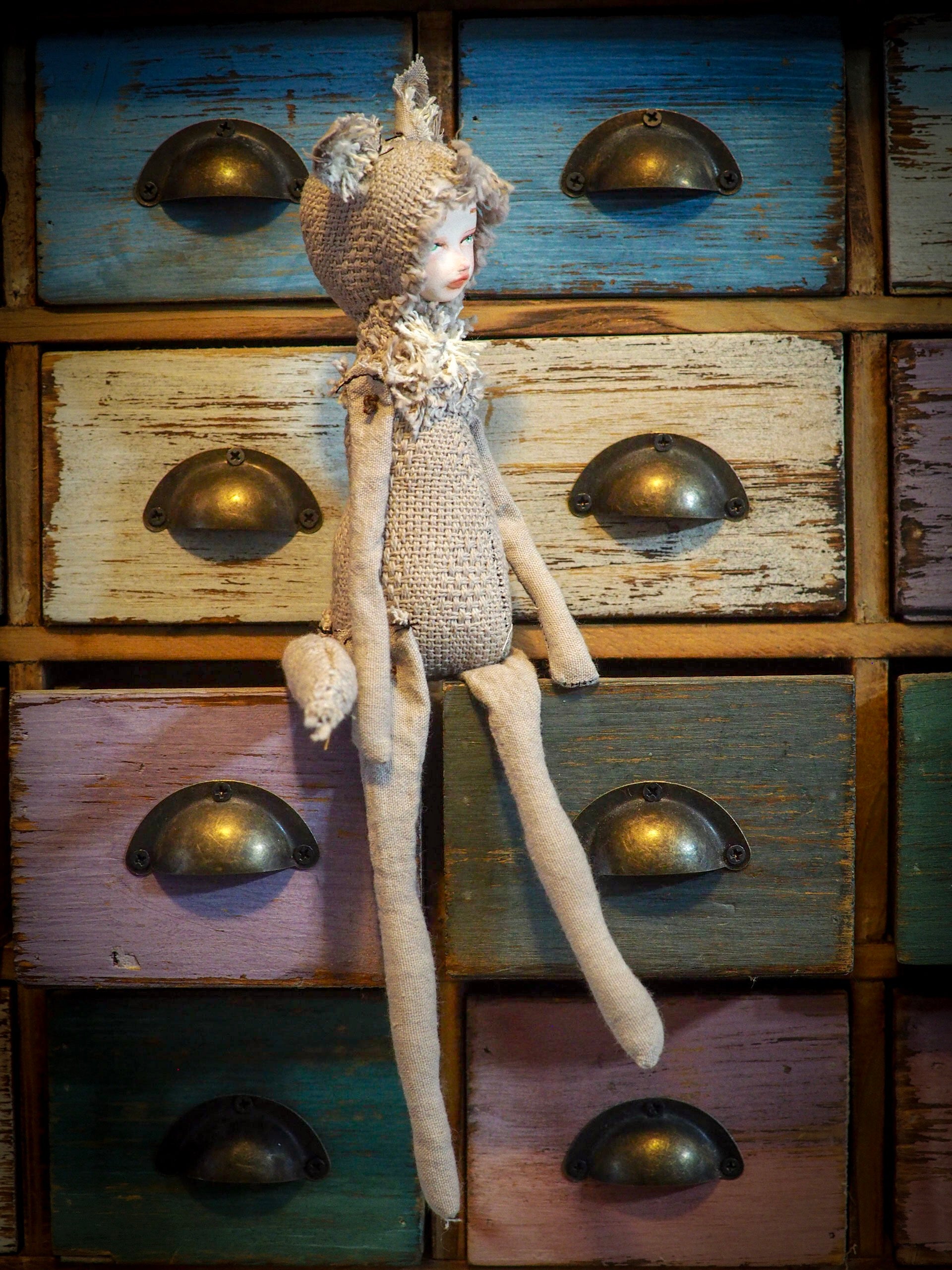 THE WOLF - An original handmade doll by Danita Art, made with original patterns, organic fabric dyed using only natural ingredients like avocado peels, walnuts and marigolds. Each mini art doll in this toy collection is a mini work of huggable fabric art to be treasured by any collector of Danita's melancholic and fantastic work.