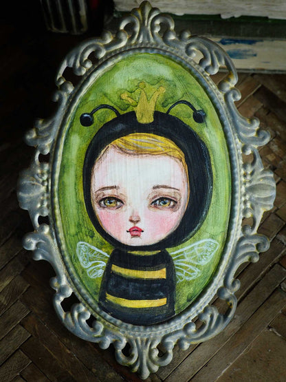 Little bee boy is wearing a bumblebee costume on a Danita inspired whimsical painting