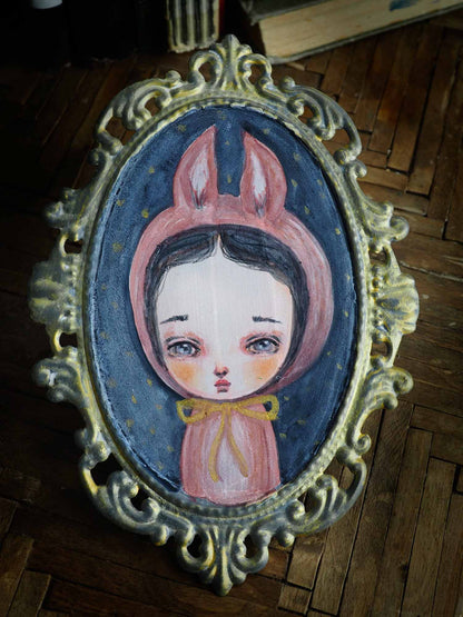 Bunny rabbit pink anthropomorphic hybrid animal human original watercolor painting by Danita Art
