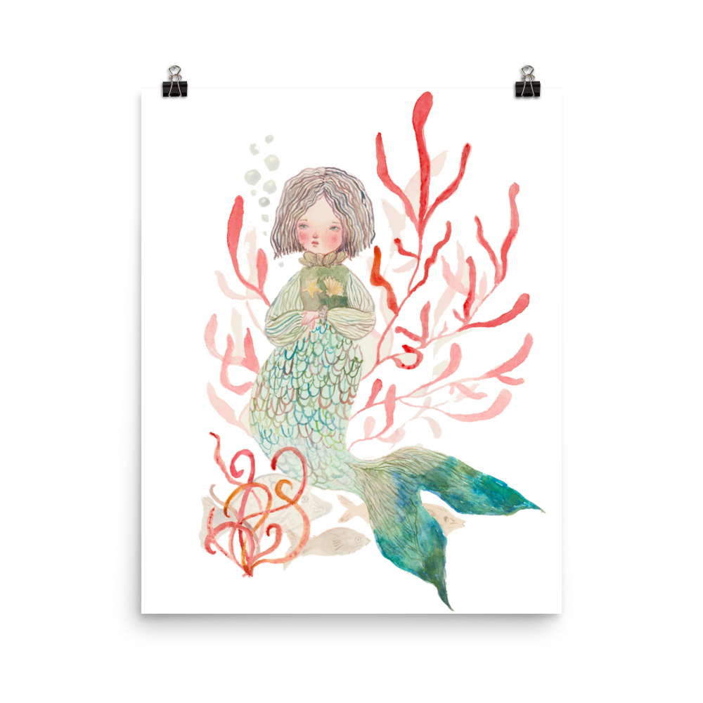 Watercolor Ocean Deep Mermaid Painting Fantasy Girl by Idania Salcido Danita Art.