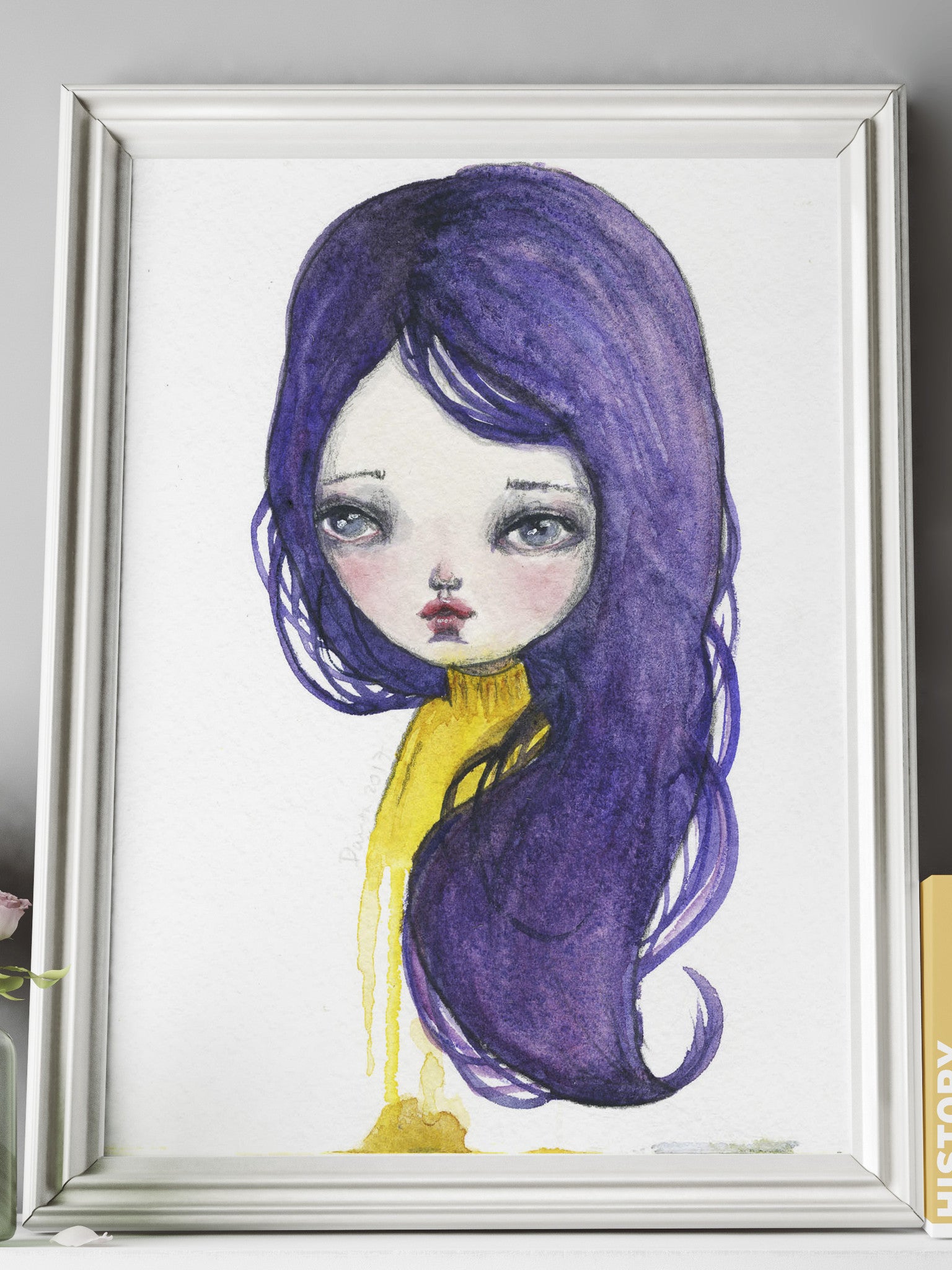 A beautiful surreal girl with purple hair materialized on Danita's latest watercolor painting art.