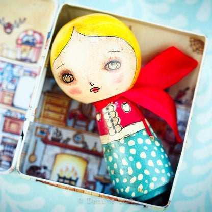 Turquoise Winter Kokeshi with Tin House, Miniature Dolls by Danita Art