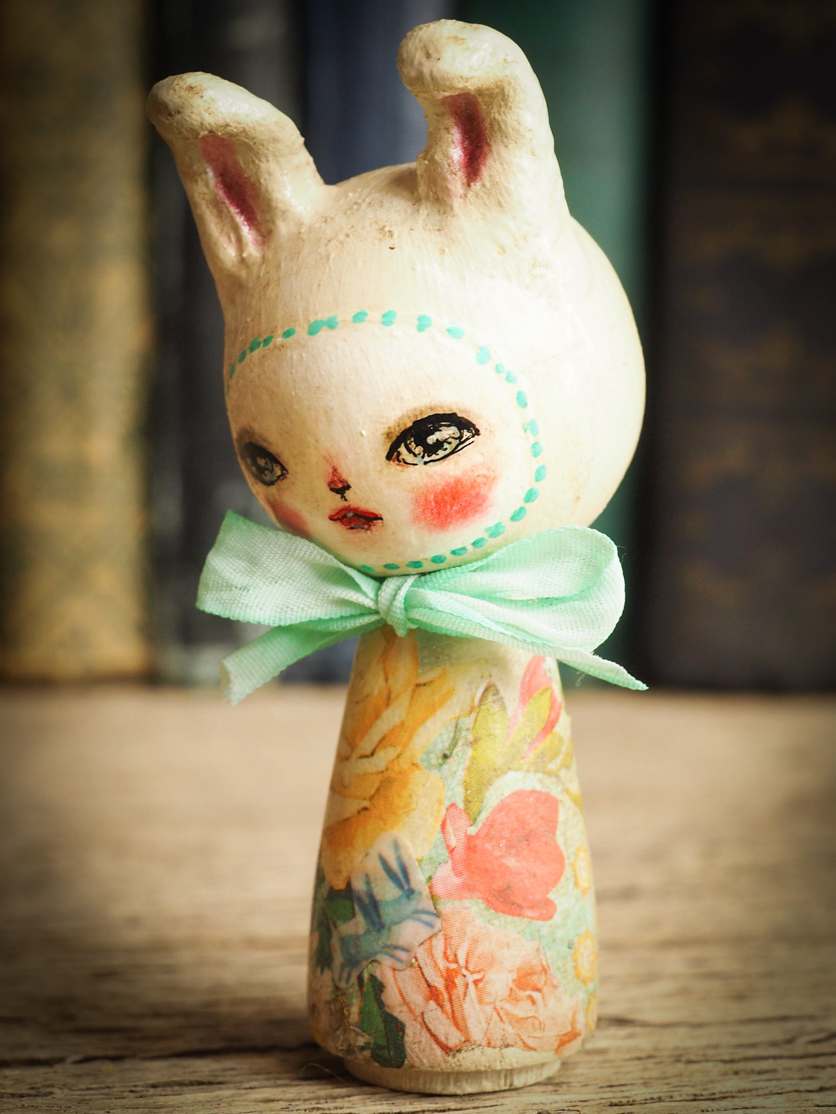 Adorable Easter Bunny Rabbit handmade kokesi wooden mini art doll by Danita Art craft project made with modeling clay silk ribbon and decoupage applications