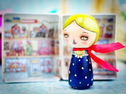 Midnight Blue Winter Kokeshi with Tin House, Miniature Dolls by Danita Art